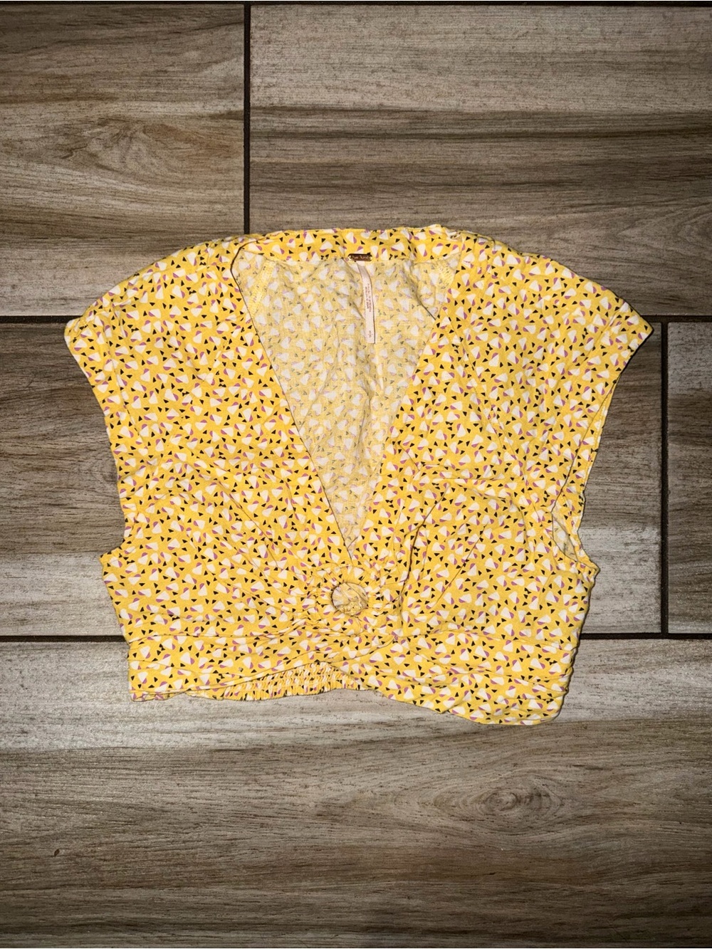 Free People Yellow Patterned Knot-Front Crop Top